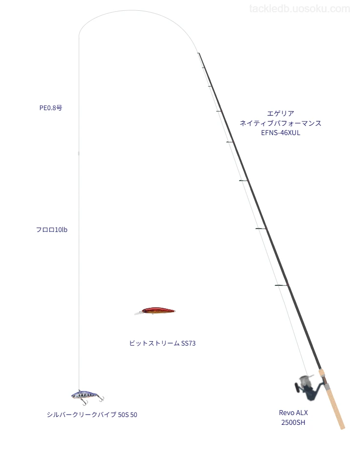 エゲリア ネイティブパフォーマンス EFNS-46XULとRevo ALX 2500SH,シルバークリークバイブ 50S 50によるトラウトタックル【仮想インプレ】