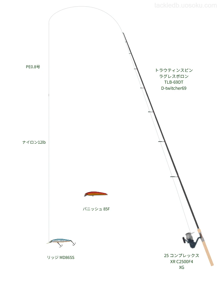 トラウティンスピン ラグレスボロン TLB-69DTD-twitcher69とPE0.8号ラインによるトラウトタックル