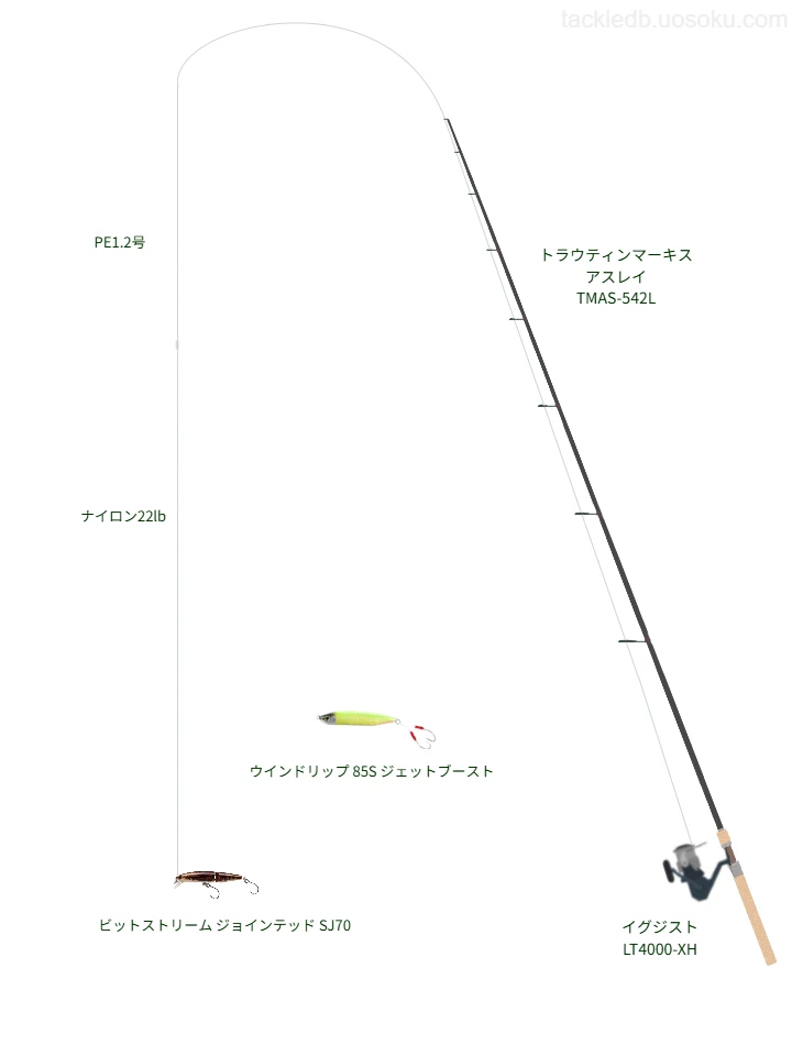 トラウティンマーキス アスレイ TMAS-542Lとイグジスト LT4000-XH,PE1.2号によるトラウトタックル