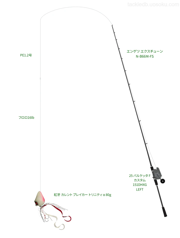 エンゲツ エクスチューン N-B66M-FSとシマノのリールで紅牙 カレント ブレイカー トリニティ α 80gを使用するタックル