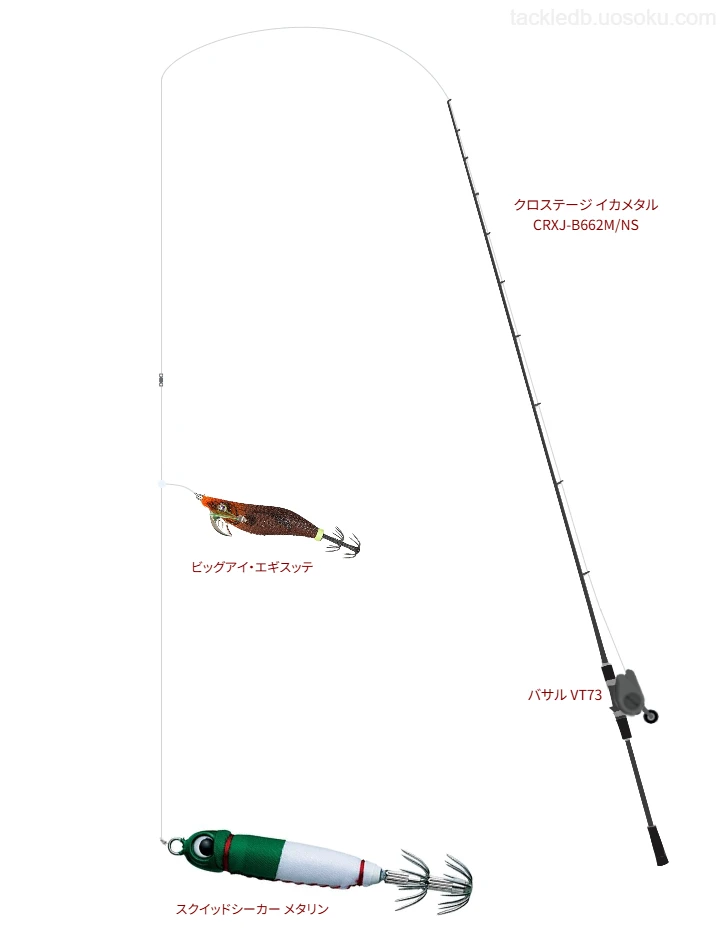 クロステージ イカメタル CRXJ-B662M/NSとテイルウォークのリールでスクイッドシーカー メタリンを使用するタックル