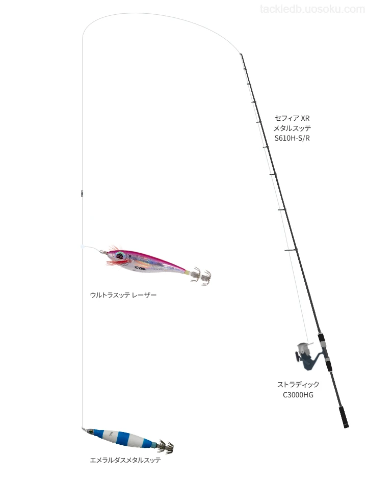 UVF エメラルダスデュラセンサー×8＋Si2 0.6号とソルティメイト エギリーダーFCハード 4号を使用したイカメタルタックル【セフィア XR メタルスッテ S610H-S/R】