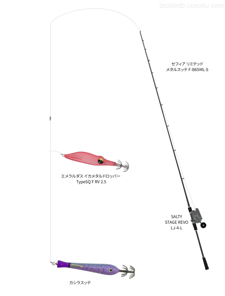 ロッドはシマノ,リールはアブガルシアでカシラスッテを使うイカメタルタックル。