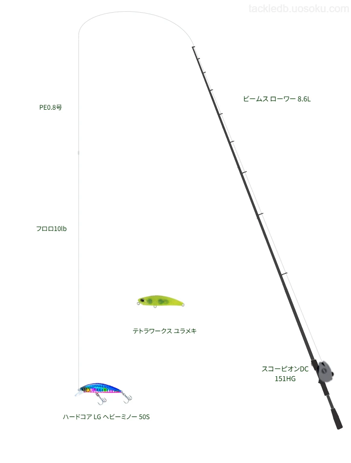 APPLAUD SALTMAX GT-R PE 0.8号とショックリーダー [フロロカーボン] 10lbを使用したライトゲームタックル【ビームス ローワー 8.6L】