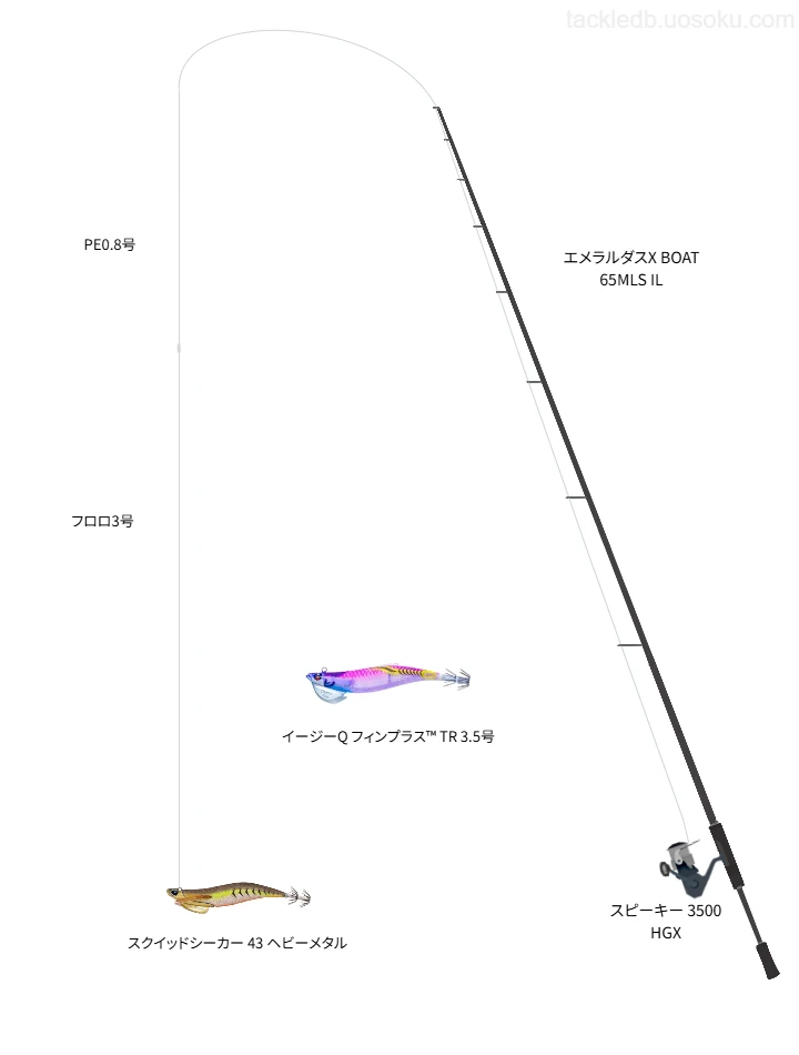 エメラルダスX BOAT 65MLS ILとテイルウォークのリールでスクイッドシーカー 43 ヘビーメタルを使用するタックル