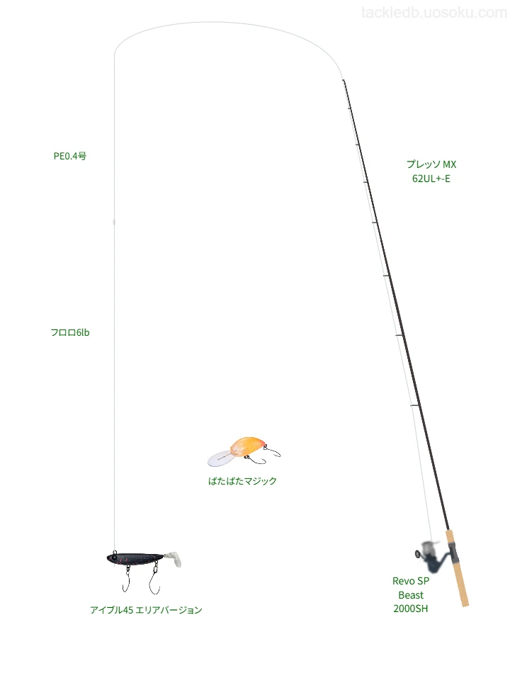 ピットブル 8+ 0.4号と月下美人フロロリーダー 6lbを使用したタックル【プレッソ MX 62UL+-E】