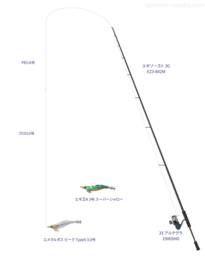 エギゾースト 3G EZ3-842Mと25 アルテグラ 2500SHG,エメラルダス ピーク TypeS 3.0号によるエギングタックル【仮想インプレ】