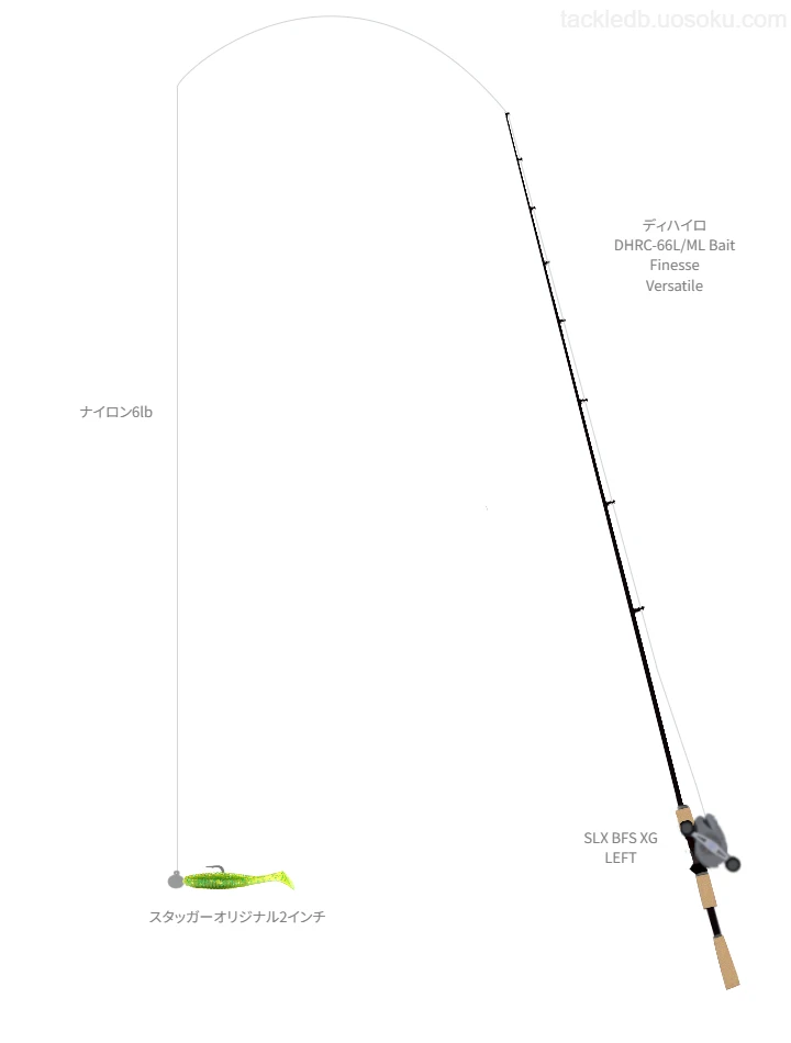 ディハイロ DHRC-66L/ML Bait Finesse Versatileとシマノのリールでスタッガーオリジナル2インチジグヘッドを使用するタックル