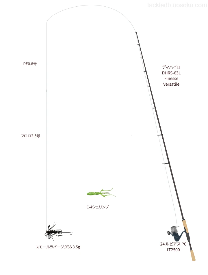 【雪谷川ダム】スモールラバージグSS 3.5gにおすすめのタックル【ディハイロ DHRS-63L Finesse Versatile】
